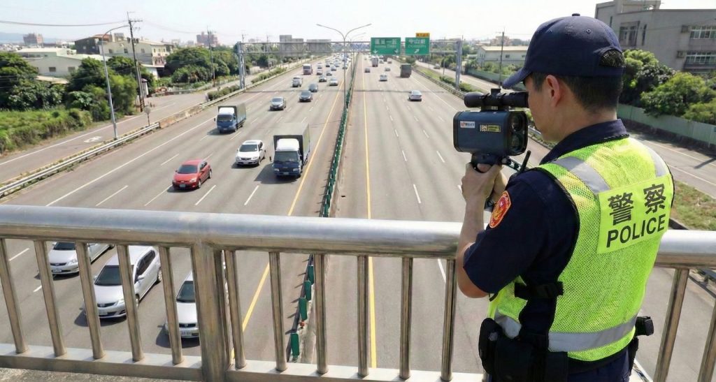 國道警察站在天橋上使用雷射槍測速器