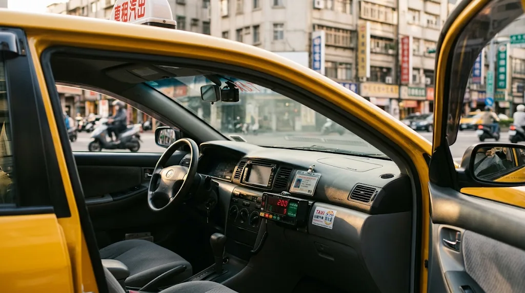 黃色計程車駕駛座與儀表板，中控台上裝有自動計費器與執業登記證插座