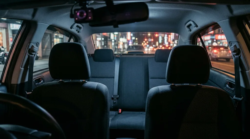 夜間計程車車內，後照鏡旁裝有具紅外線補光的車內鏡頭行車紀錄器